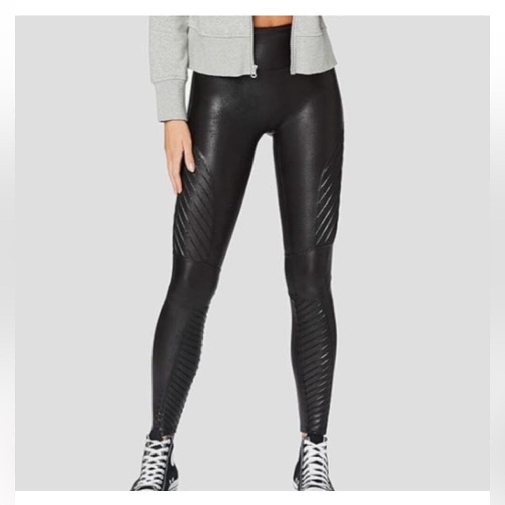 Spanx Womens Faux Leather Moto Leggings Power Waistband High Gloss Black Medium
